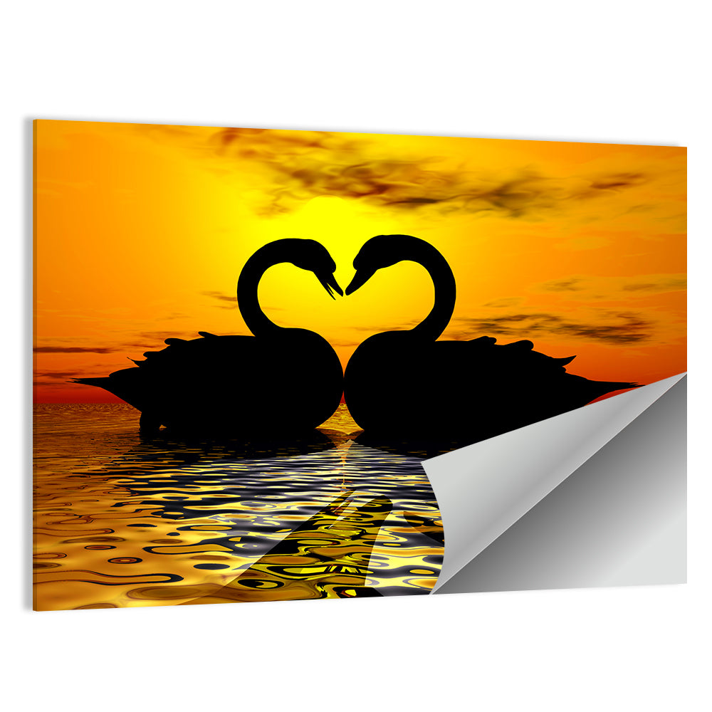 Swans Forming Heart at Sunset Wall Art
