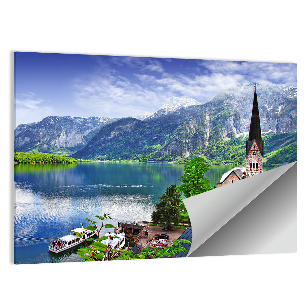 Hallstatt Lake View with Church Tower Wall Art