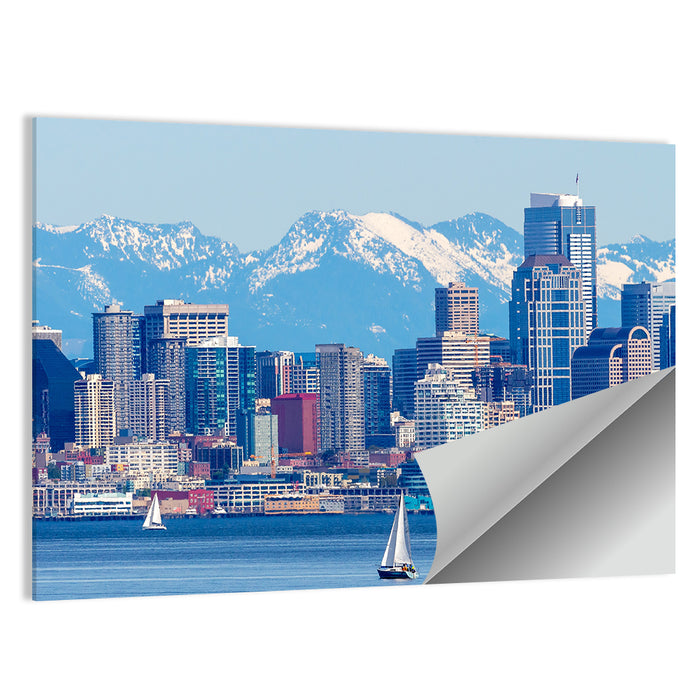 Seattle Skyline with Sailboats and Mountains Wall Art as a poster print