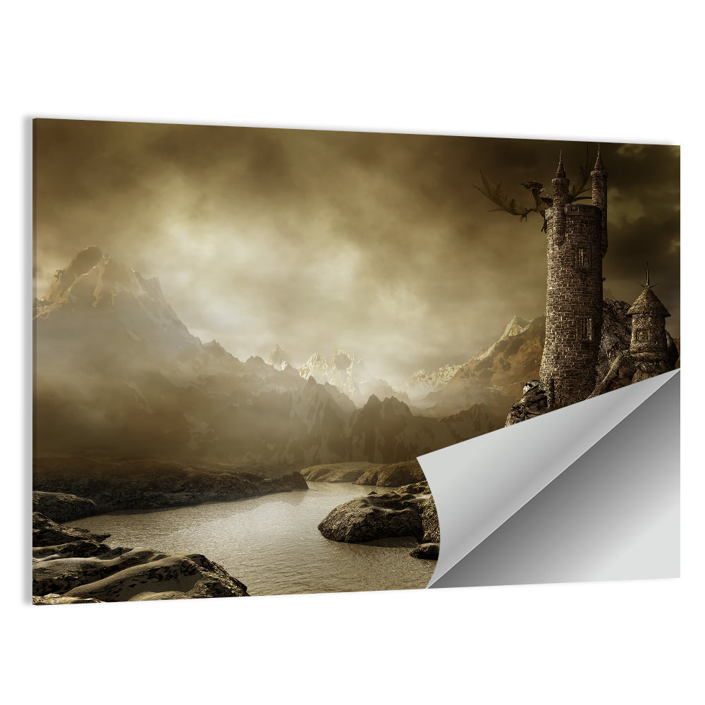 Dragon Perched on Stone Tower Wall Art