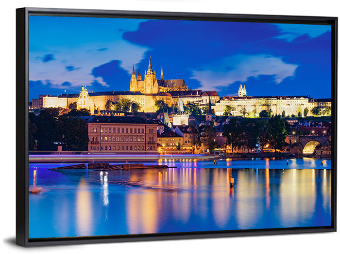Prague Castle Night Reflection Wall Art as a framed canvas
