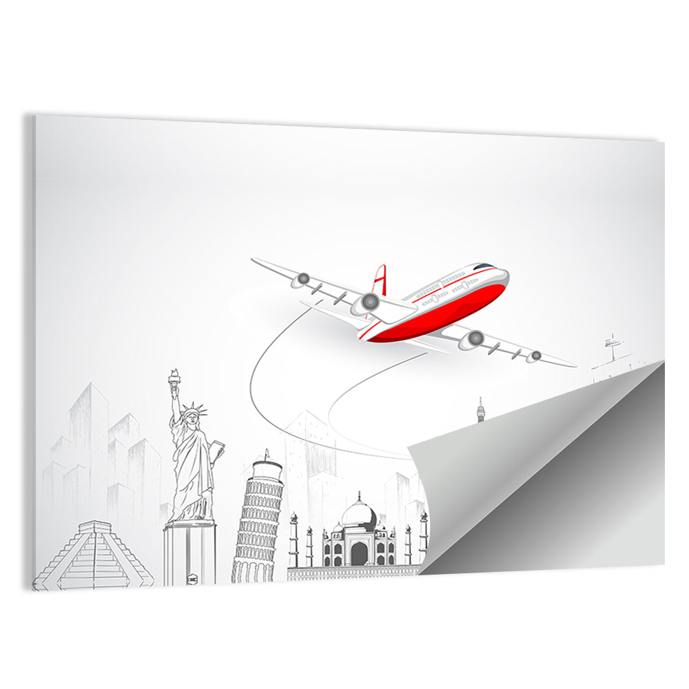 Airplane Over World Landmarks Wall Art