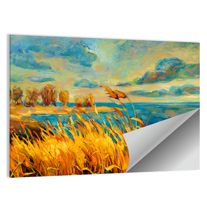 Golden Hour Lake with Tall Grass Wall Art as a poster print