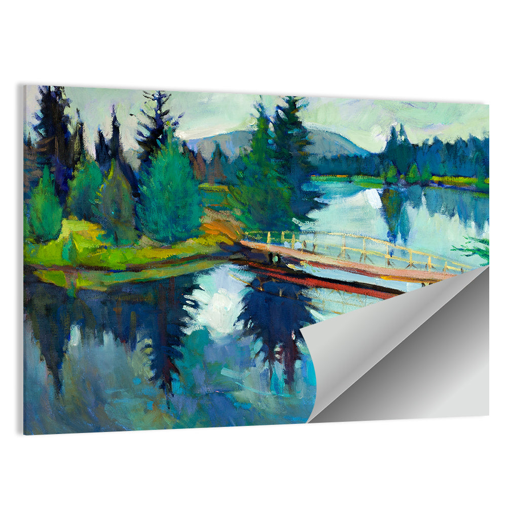 Forest Bridge Reflection Illustration Wall Art