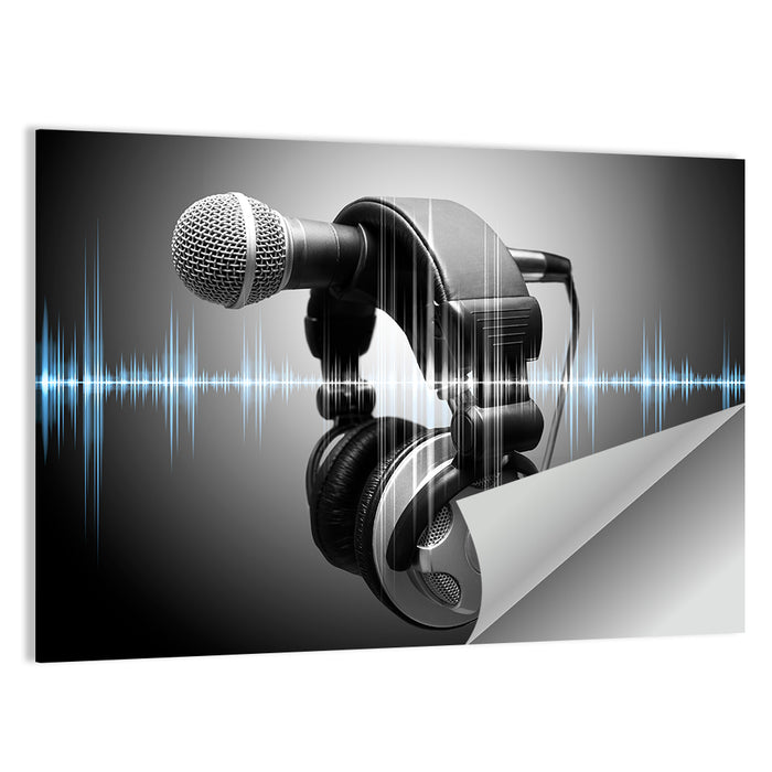 Headphones on Microphone with Sound Waves Wall Art as a poster print