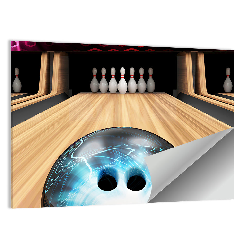 Glowing Blue Bowling Ball on Wooden Lane Wall Art
