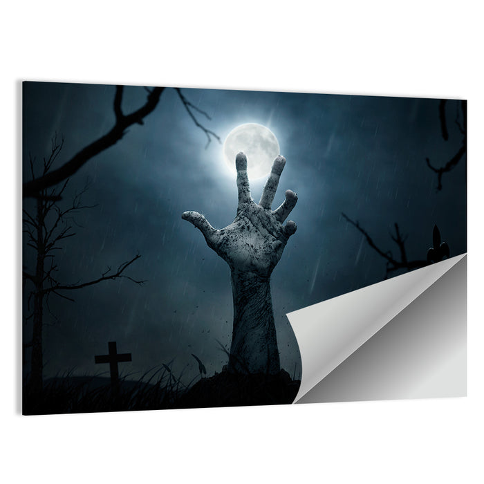 Rising Zombie Hand Under Moonlight Wall Art as a poster print