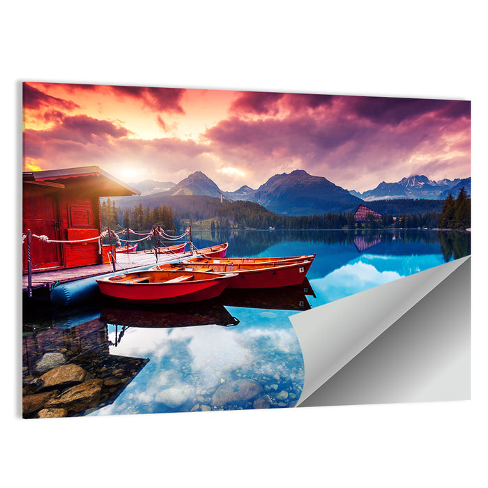 High Tatras Sunset Lake with Red Boats Wall Art as a poster print