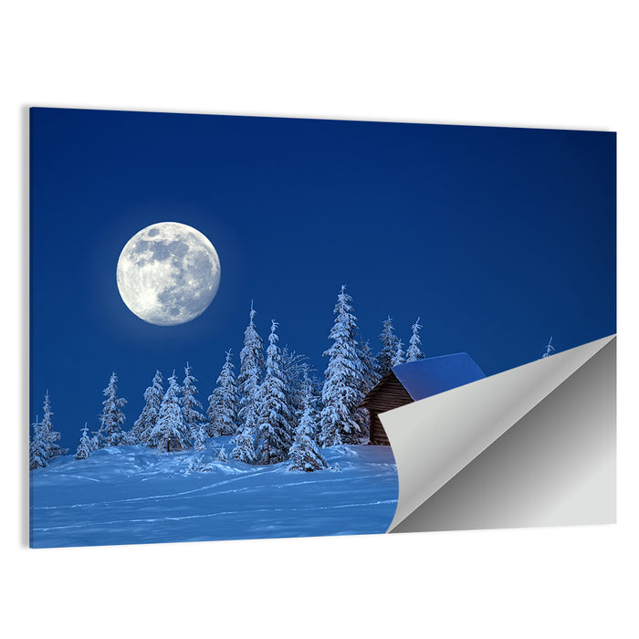Moonlit Winter Cabin in Forest Wall Art as a poster print