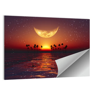 Yellow Moon Over Red Sunset At Tropical Sea Wall Art