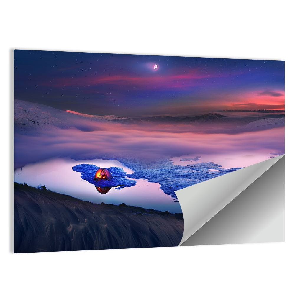 Glowing Tent on Frozen Mountain Lake Wall Art