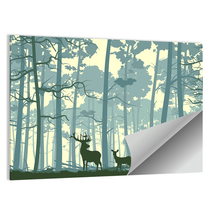 Deer Pair in Teal Forest Wall Art as a poster print