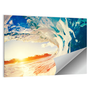 Blue Ocean Wave Crashing At Sunset Wall Art