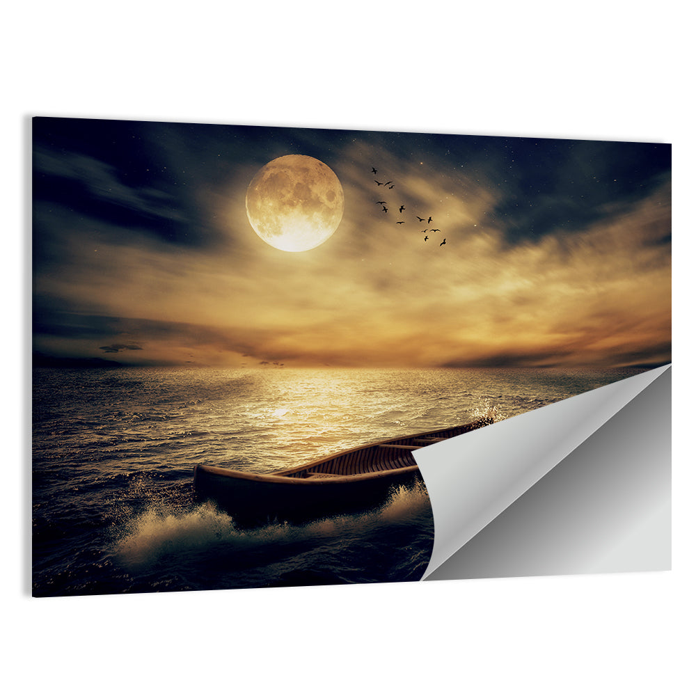 Moonlit Boat in Stormy Ocean Wall Art