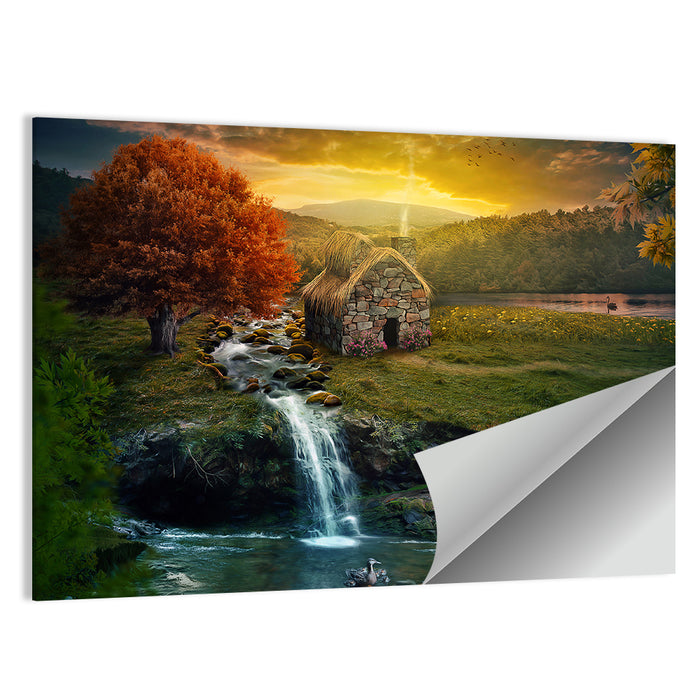 Thatched Cottage by Mountain Stream Wall Art as a poster print