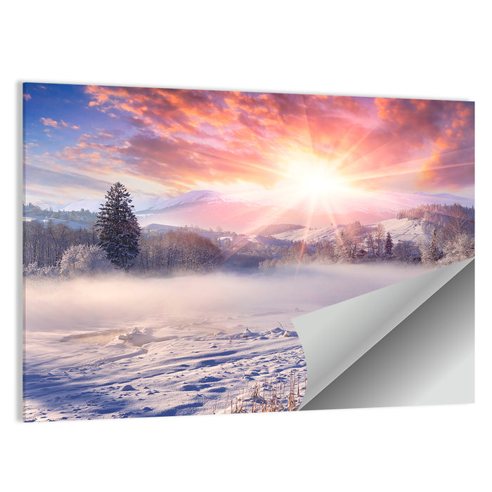 Sunrise Over Snowy Mountain Village Wall Art as a poster print