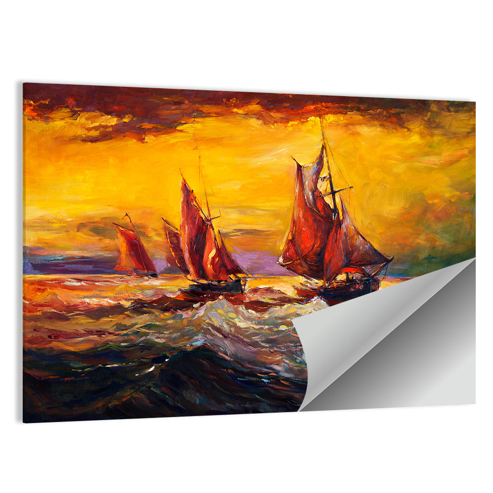 Three Sailboats at Sunset Wall Art
