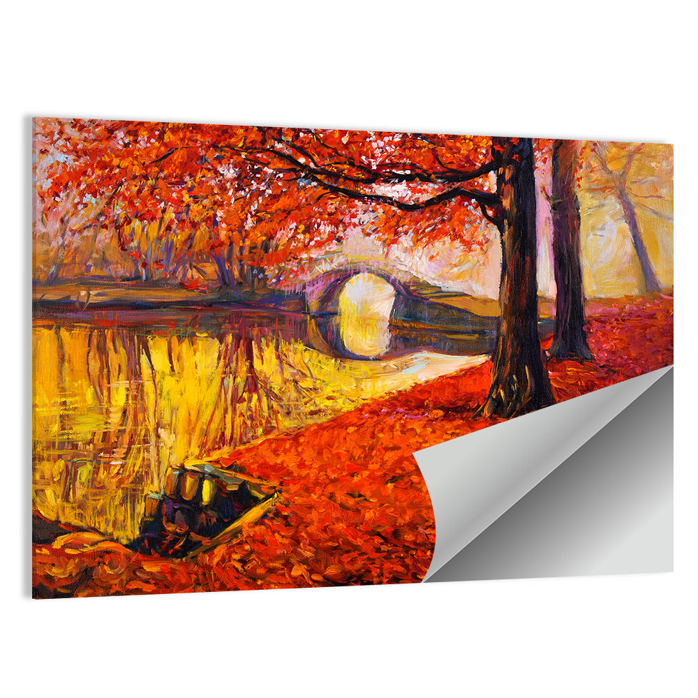 Autumn Bridge Over Golden Lake Wall Art