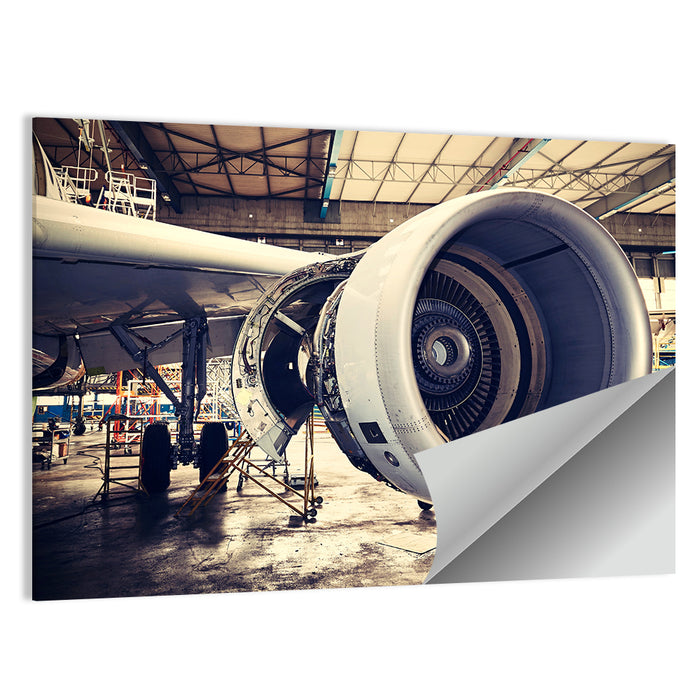 Open Jet Engine in Hangar Wall Art as a poster print