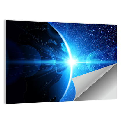 Planet Earth With Sunrise In Space Wall Art