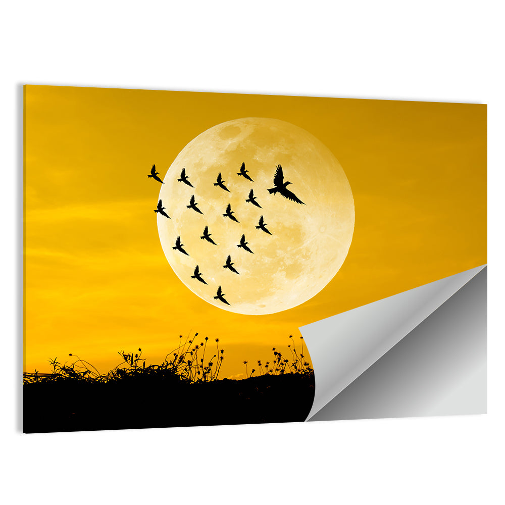 Moonlit Birds Over Wildflowers Wall Art