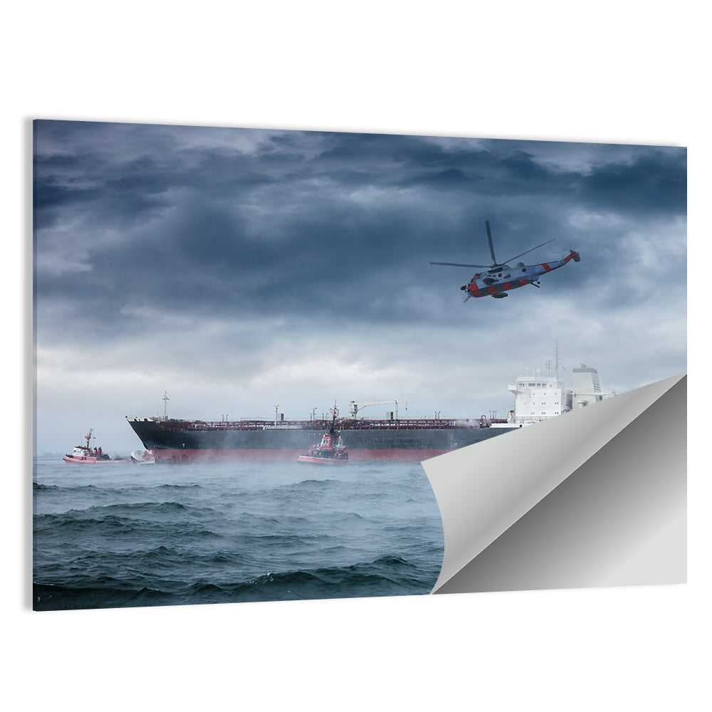 Rescue Helicopter Over Cargo Ship Wall Art