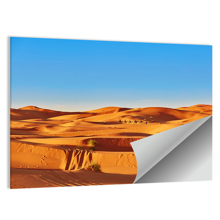 Sunlit Sahara Dunes with Camel Caravan Wall Art as a poster print