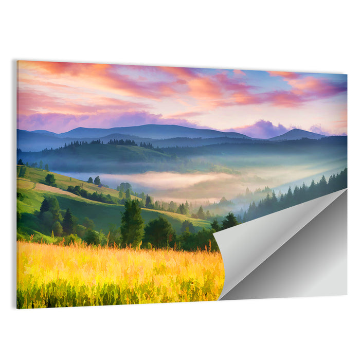 Sunrise Mist Over Mountain Meadow Wall Art as a poster print