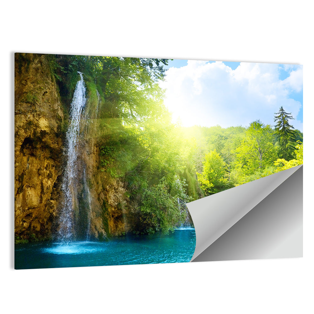 Forest Waterfall at Sunlit Lake Wall Art