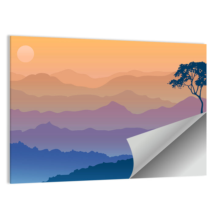 Layered Mountain Sunrise with Tree Silhouette Wall Art as a poster print
