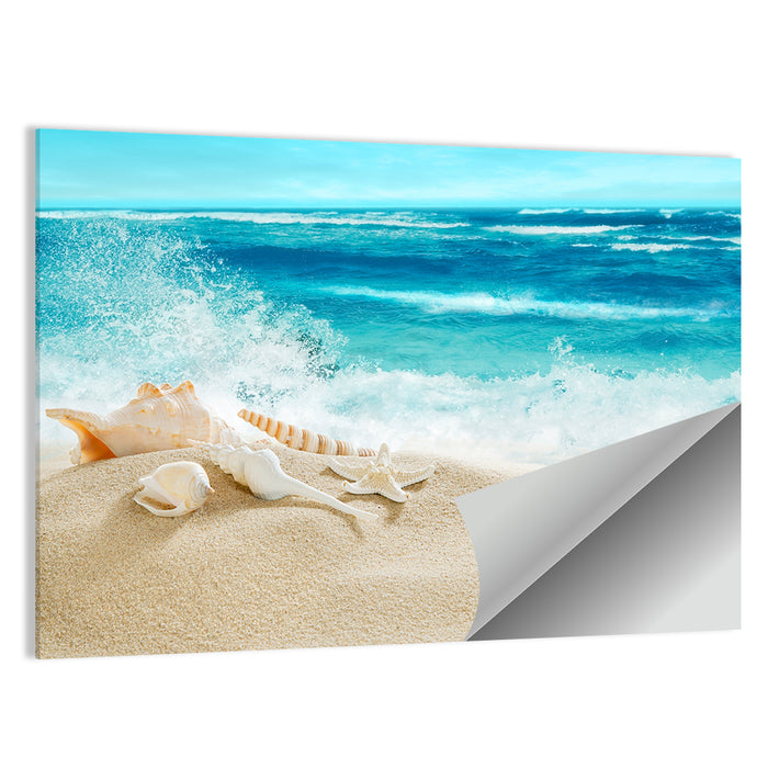 Seashells and Splashing Waves Wall Art as a poster print