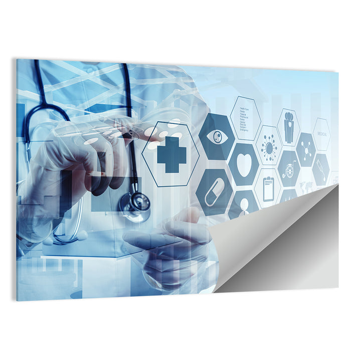 Doctor Double Exposure with Medical Icons Wall Art as a poster print
