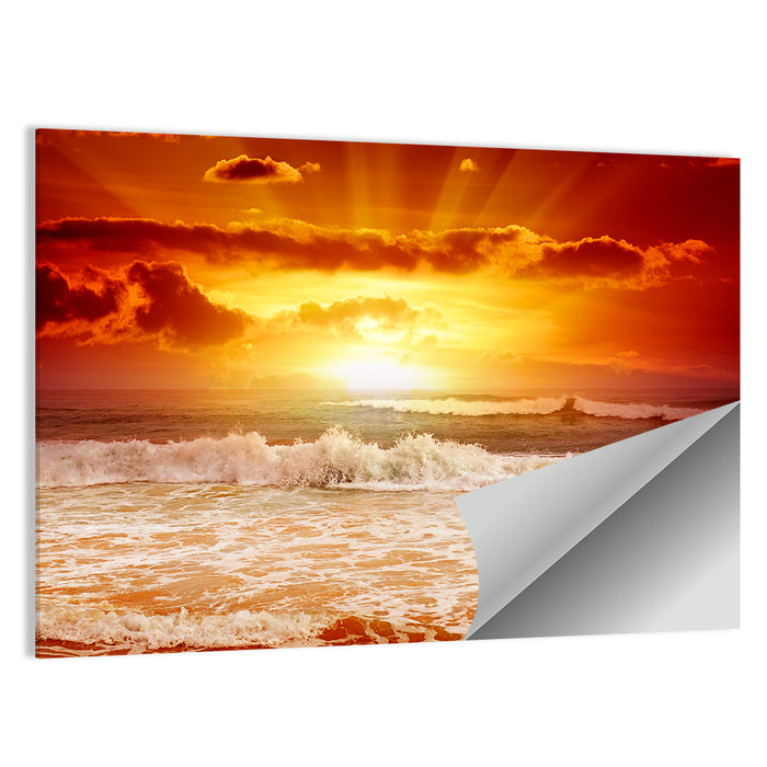 Golden Sunset Over Ocean Waves Wall Art as a poster print