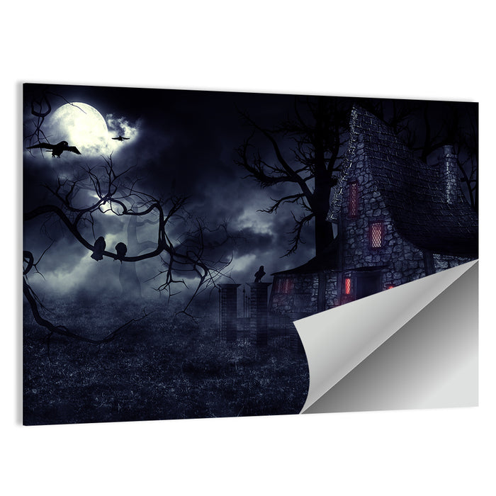 Haunted House Under Full Moon Wall Art as a poster print