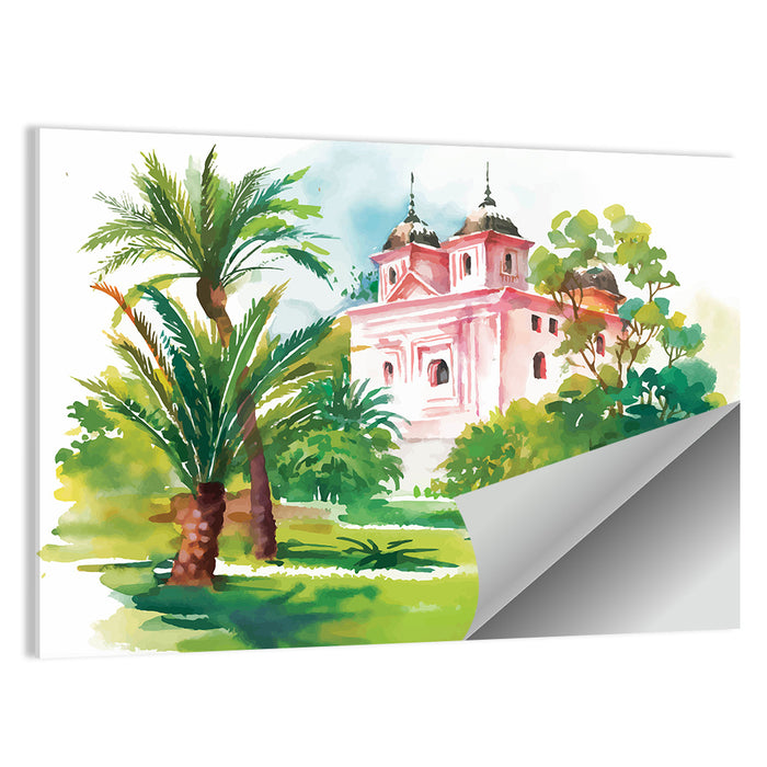 Pink House in Garden Illustration Wall Art as a poster print