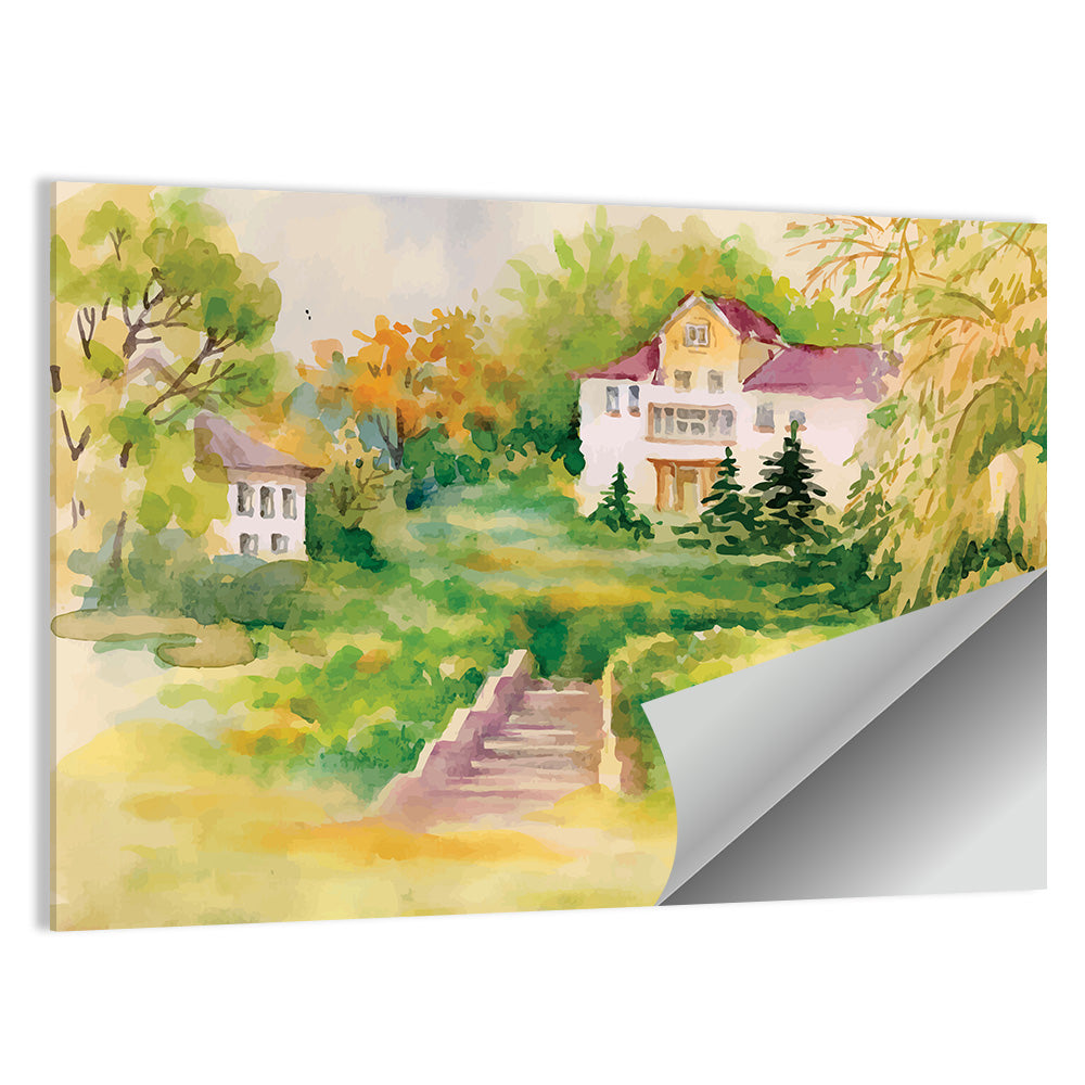 Hilltop House in Garden Illustration Wall Art