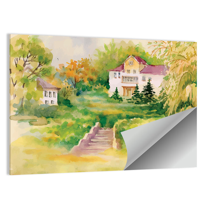 Hilltop House in Garden Illustration Wall Art as a poster print