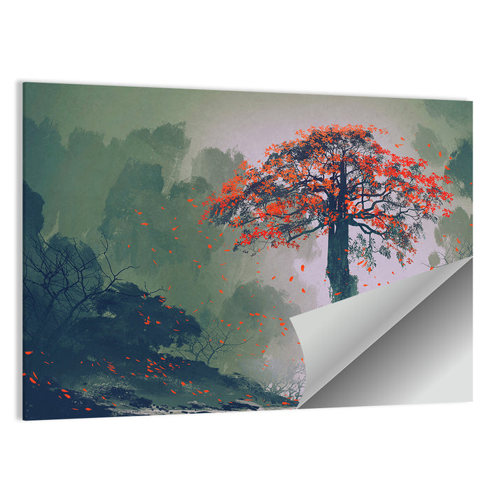 Misty Red Autumn Tree Wall Art as a poster print