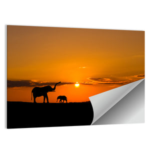 Elephants In Savannah At Sunset Wall Art