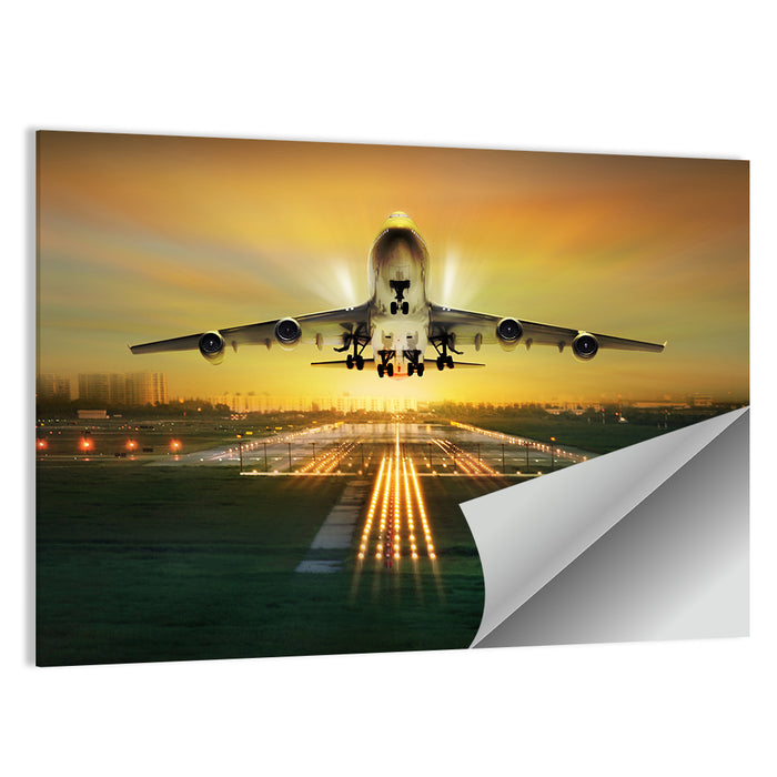 Passenger Plane Over Runway at Dusk Wall Art as a poster print