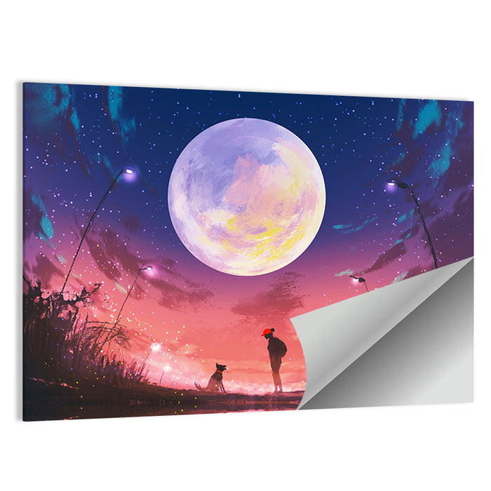 Woman and Dog Beneath Oversized Moon Wall Art as a poster print