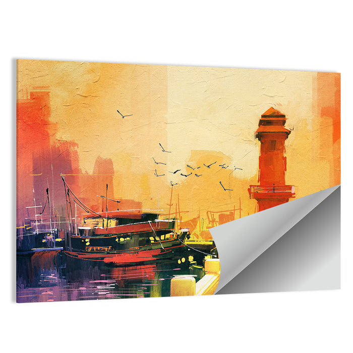 Golden Harbor Lighthouse and Fishing Boat Wall Art as a poster print