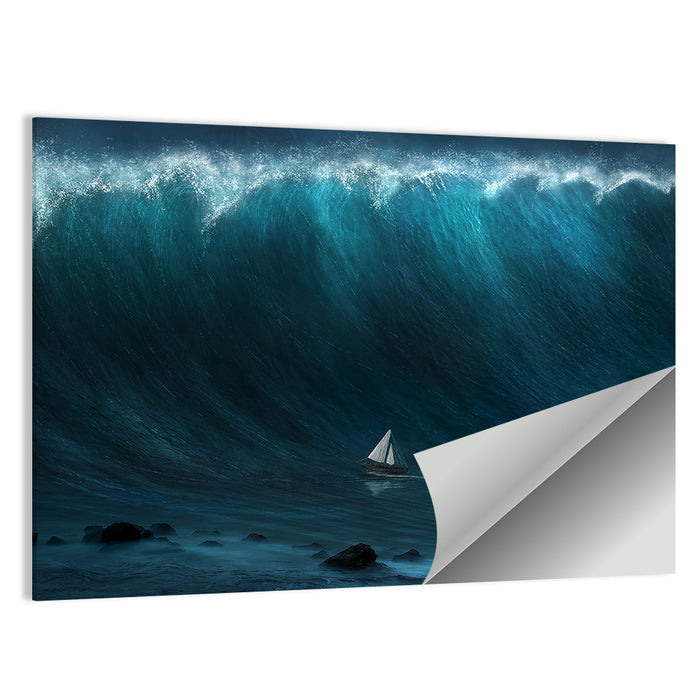 Sailboat Against Giant Wave Wall Art as a poster print