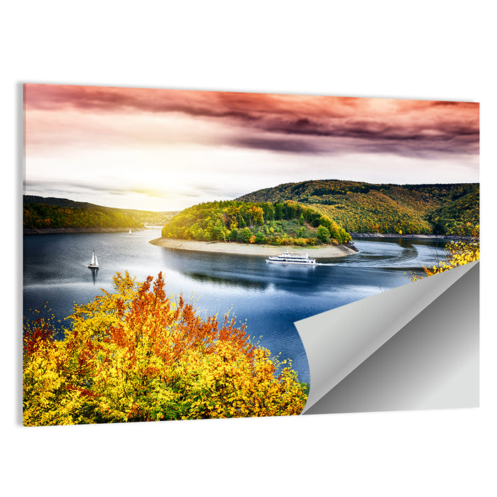 Autumn Sunset Over Lake with Boat Wall Art as a poster print