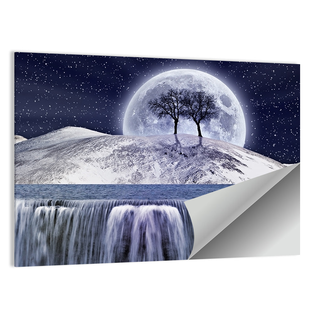 Moonlit Snowy Mountain Waterfall Wall Art