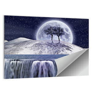Waterfall & Snowy Mountain In Moonlight Wall Art