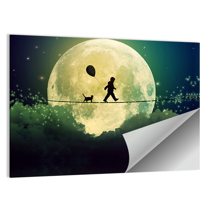 Happy Boy and Cat Under Moonlight Wall Art as a poster print