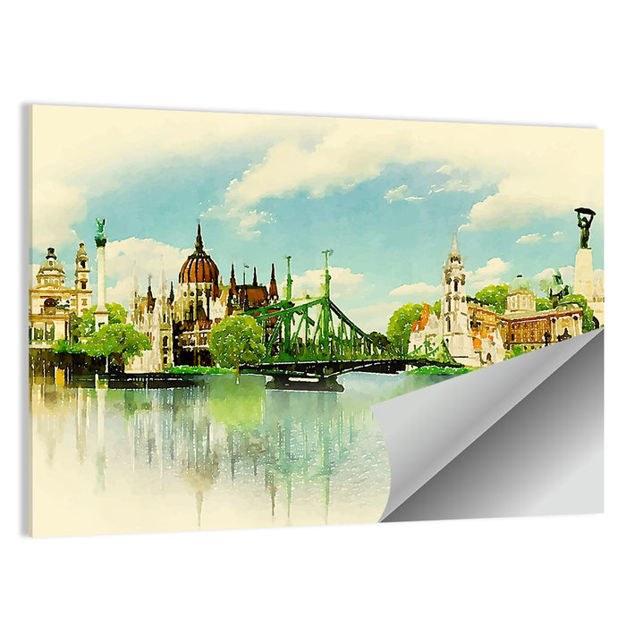Budapest Riverfront Watercolor Wall Art as a poster print