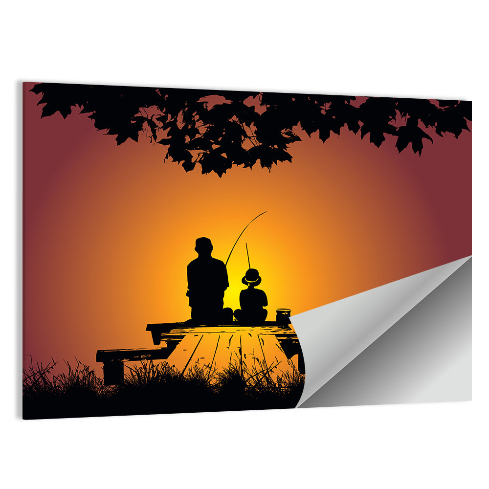 Dockside Sunset Fishing Silhouette Wall Art