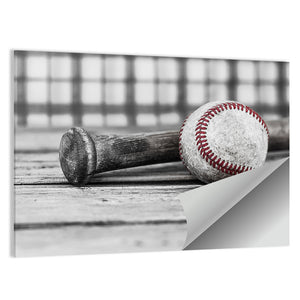 Baseball & Bat On Wood Surface Wall Art